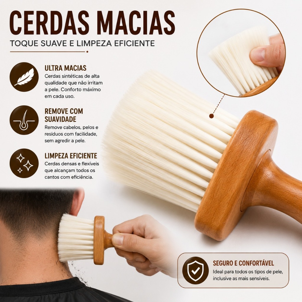Escova de Limpeza Madeira Espanador Cerdas Macias Barbearia Salão Estética Remoção Pelos e Cabelos