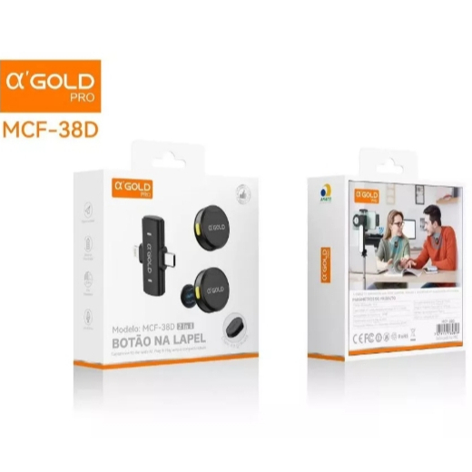 Microfone de Lapela Sem Fio AGOLD MCF-38D 2 In 1 Redução de Ruído, Live, Entrevista e Gravação