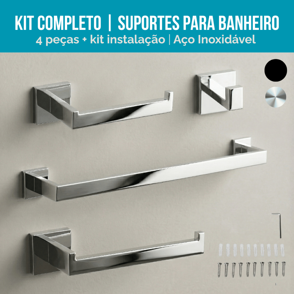 Kit Acessório Banheiro 4 Peças 60cm Aço Inox 304 Luxo Toalheiro Parede Preto Cromado Lavabo Quadrado