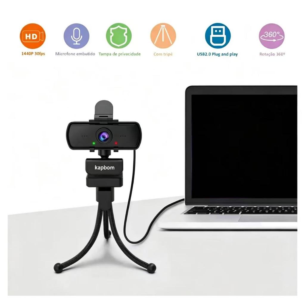 Webcam Kapbom Resolução 2K 1440p com Microfone Embutido e Tripé