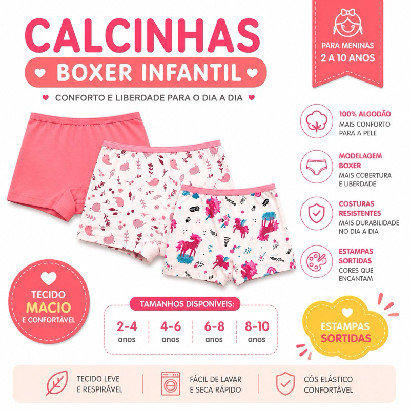 Kit até 12 Calcinhas Boxer Infantil Menina Microfibra Feminina Conforto Premium 2 a 10 Anos
