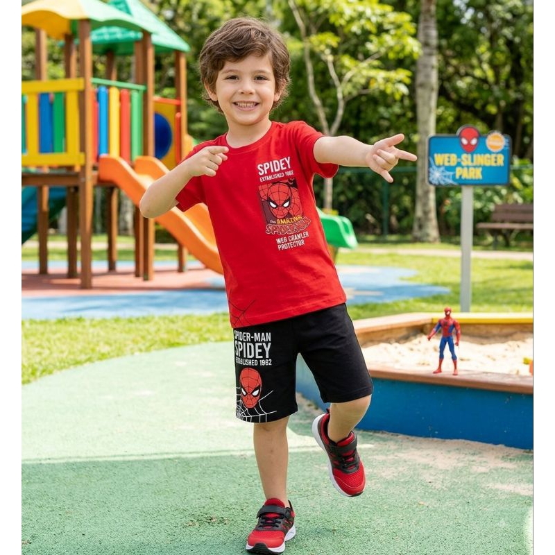 Conjunto Infantil Masculino Homem-Aranha Spidey Fakini — Camiseta Vermelha e Bermuda Preta Tamanho 6
