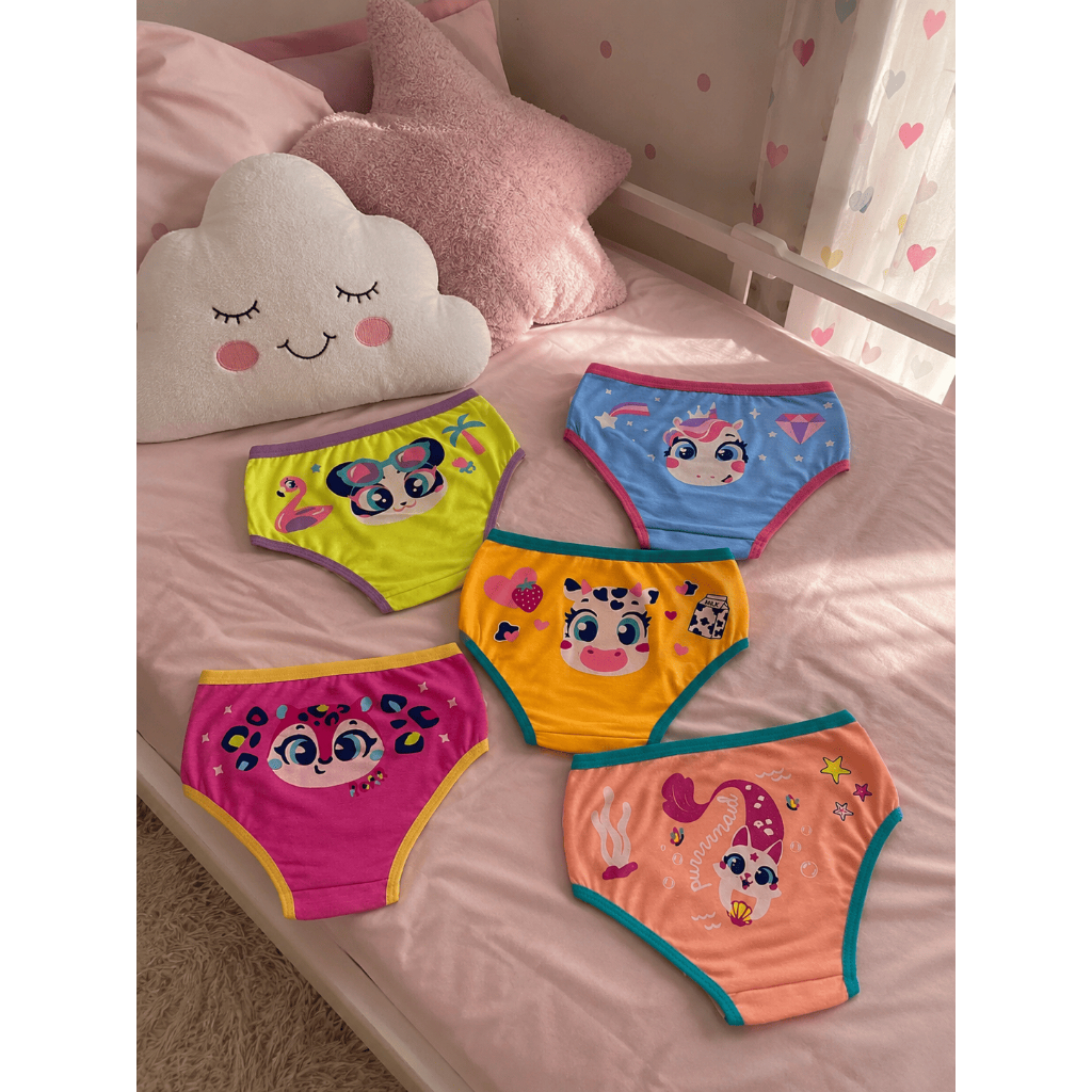 Kit Calcinhas Infantis Menina Algodão Premium Estampadas Confortáveis e Macias Estampas Variadas