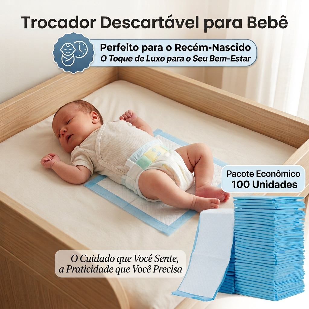 Kit 100 Tapetes Descartáveis para Bebê 45x34cm | Protetor Troca Fralda Ultra Absorvente e Hipoalergênico Toque Seco