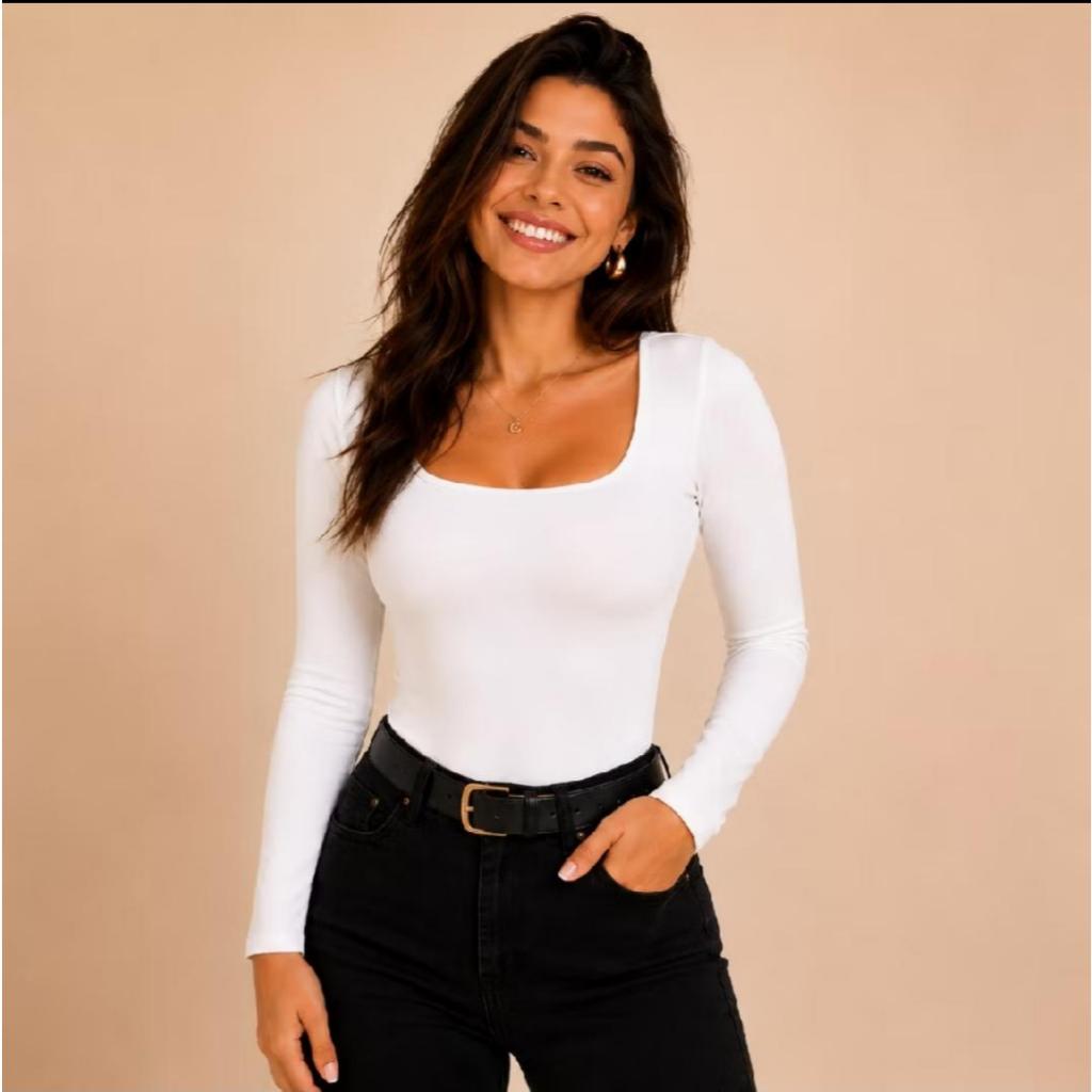 Body Feminino Decote Quadrado Manga Longa Suplex  Tendência Moda Blogueira Casual P M G GG