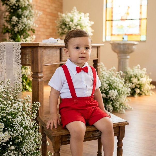 Conjunto Infantil Menino Vermelho Short Suspensório Gravata Camisa Branca Batizado — imagem 2 de 2