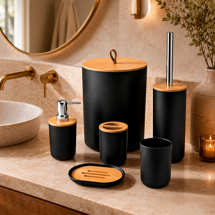 Kit 6 Peças Banheiro Lavabo Conjunto Acessórios lixeira escova Bambu Luxo Preto/Branco