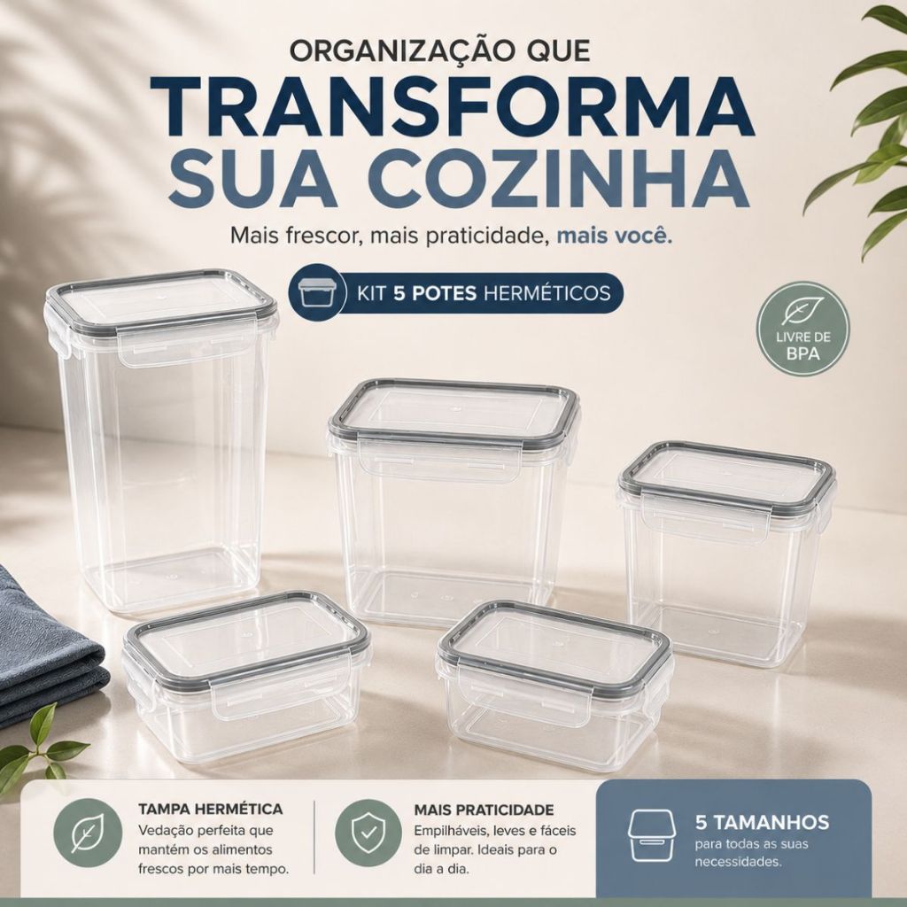 Kit 5 Pote Hermetico Jogo Transparente Tampa Trava Armario Cozinha Conjunto Organizador Mantimentos