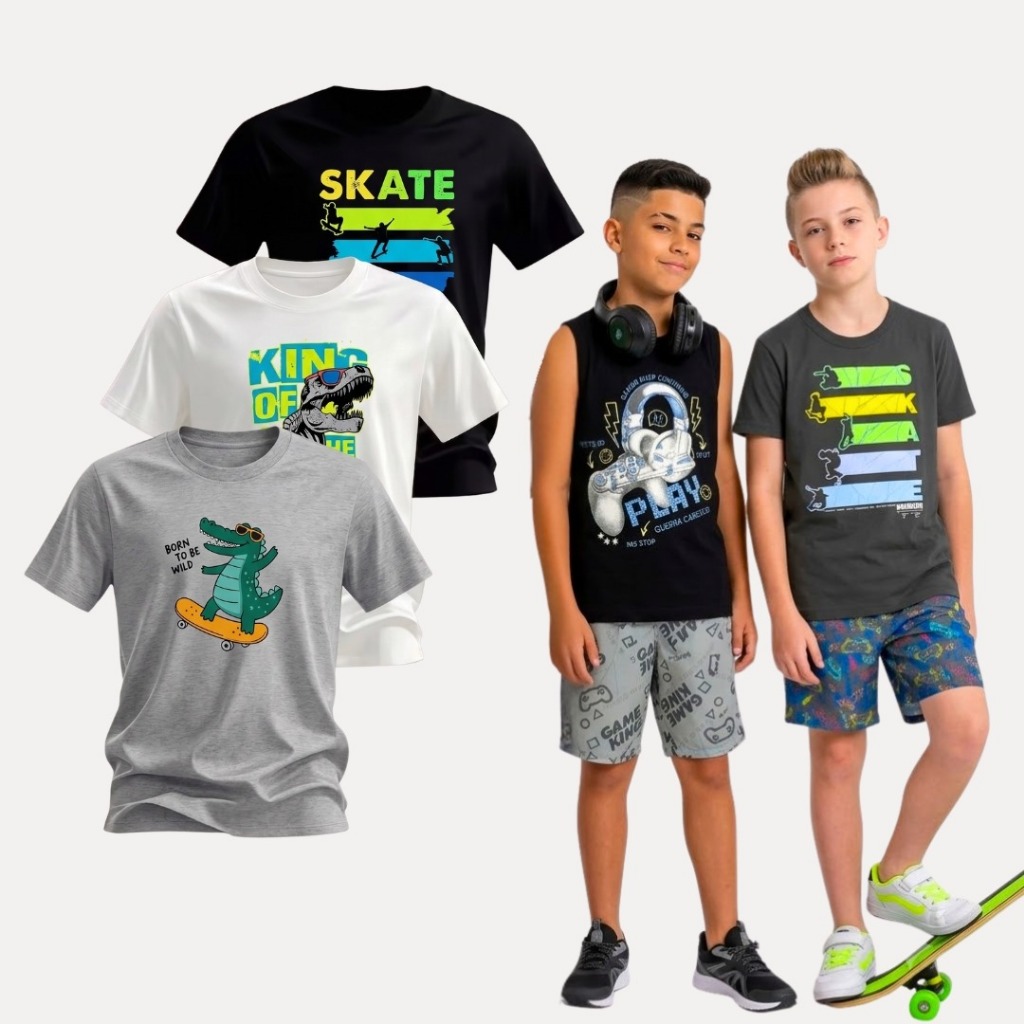 Kit 3 Blusa Manga Curta Juvenil Menino Camiseta Infantil em Algodão Regata Lisa ou Estampada  1 ao 16 anos