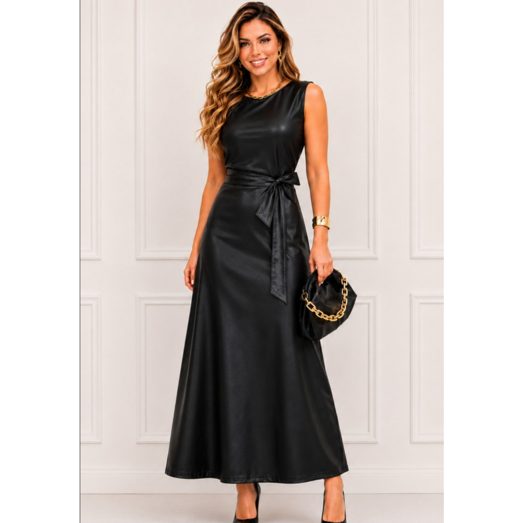 VESTIDO MIDI ELEGANTE DE COURO CON SINTO AJUSTABLE, SIPER NA COSTA COR PRETA
