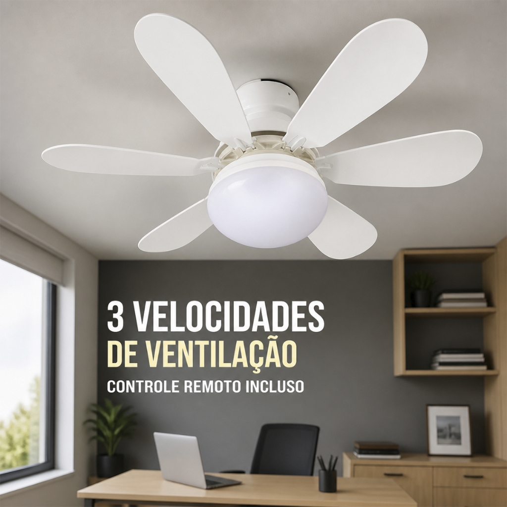 Ventilador de Teto com Luminária LED 60W Controle Remoto E27 6 Pás 3 Velocidades e Timer 3 Tons