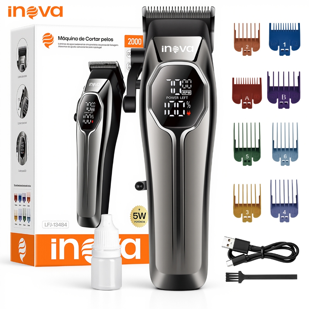 Inova Barbeador Elétrico Masculino Máquina de Cortar Cabelo Profissional Sem Fio Aparador de Barba LED 2000mAh 8 Pentes