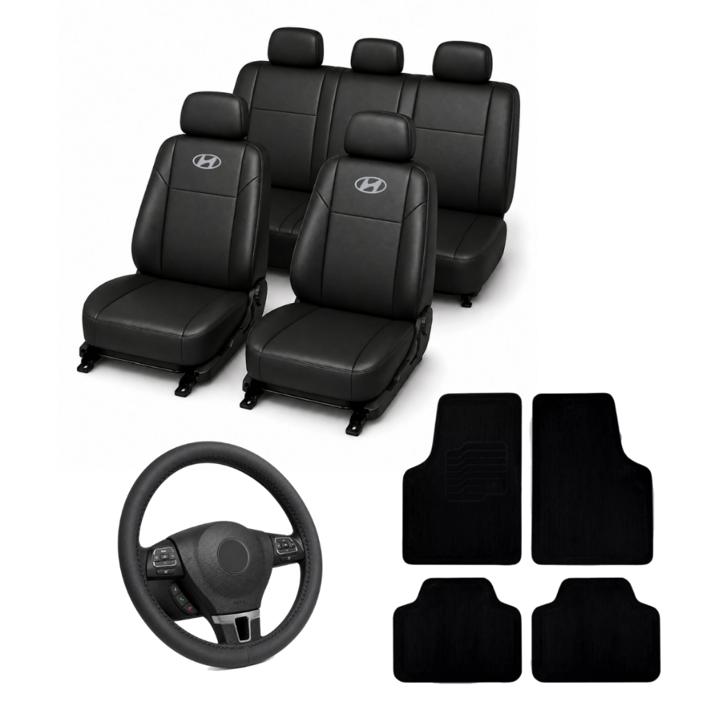 Kit Capa Banco Couro Carro Tapete 4 Pçs + Volante Hyundai Creta Hb20 I30 Ix35
