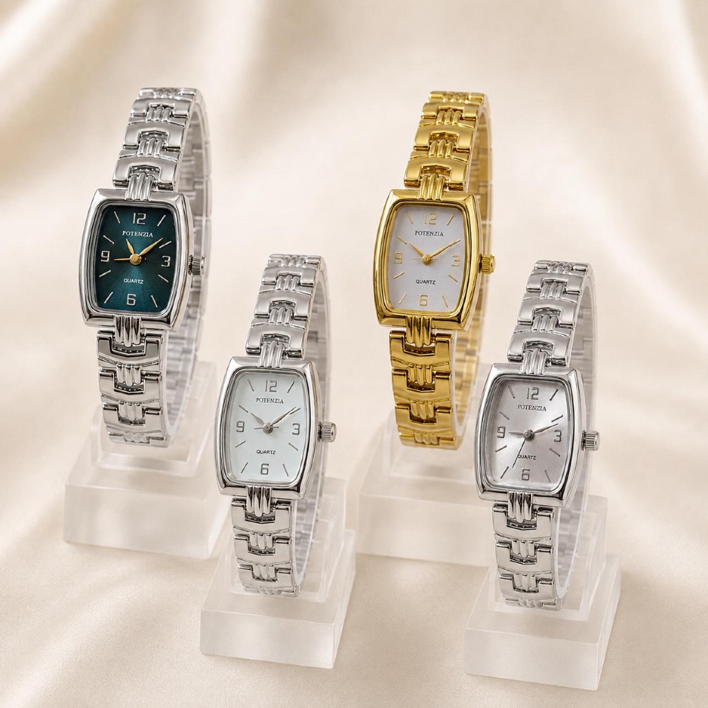 [POT01] Relógio Feminino Mini Quadrado Potenzia Elegante Social Pulseira Aço Prova D'água