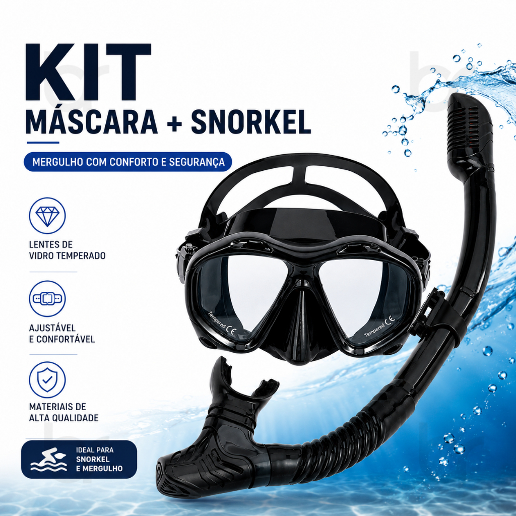 Máscara de Mergulho com Snorkel Kit Adulto Ajustável e Confortável Visão Panorâmica