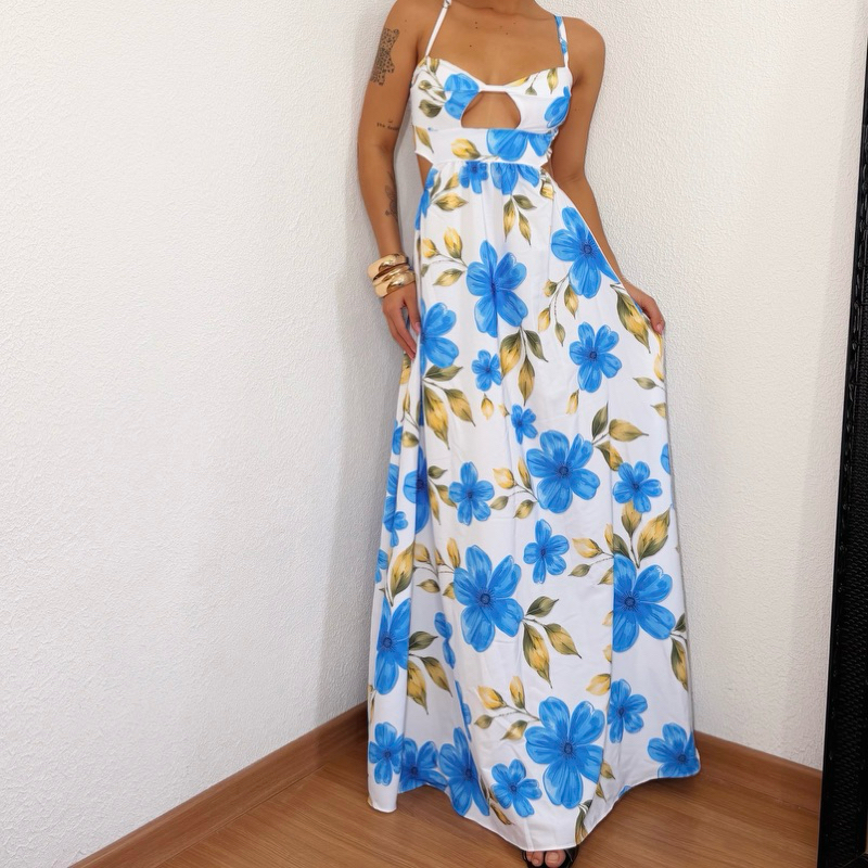 Vestido Longo Soltinho Estampa Floral Vazado Decote Alcinha Moda Feminina