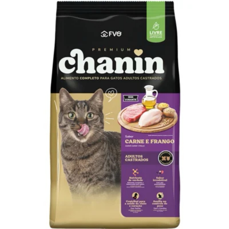 Ração Chanin Premium Gatos Adultos Castrados Carne e Frango Sem Corantes 10.1kg