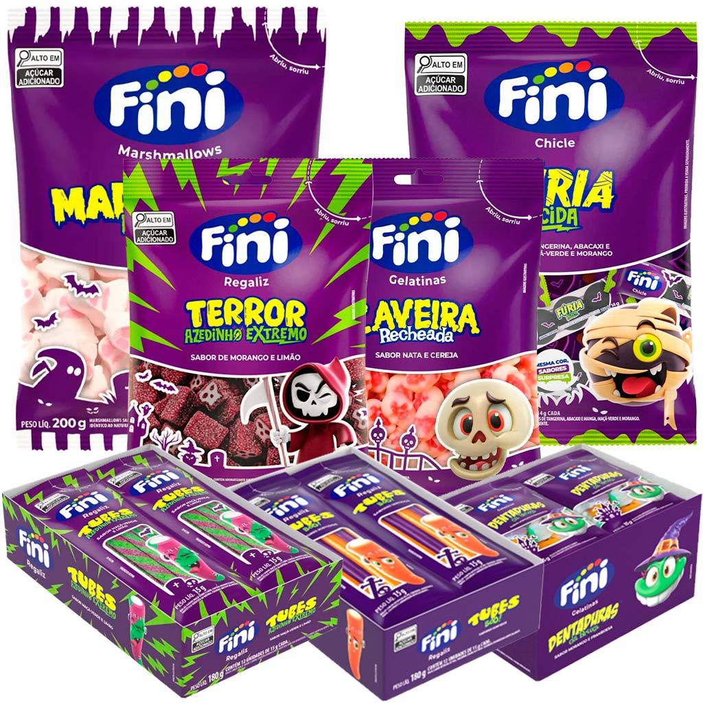 Kit Halloween Fini - 7 Doces Sortidos - Chiclete, Marshmallow e Balas Azedinha e Doce