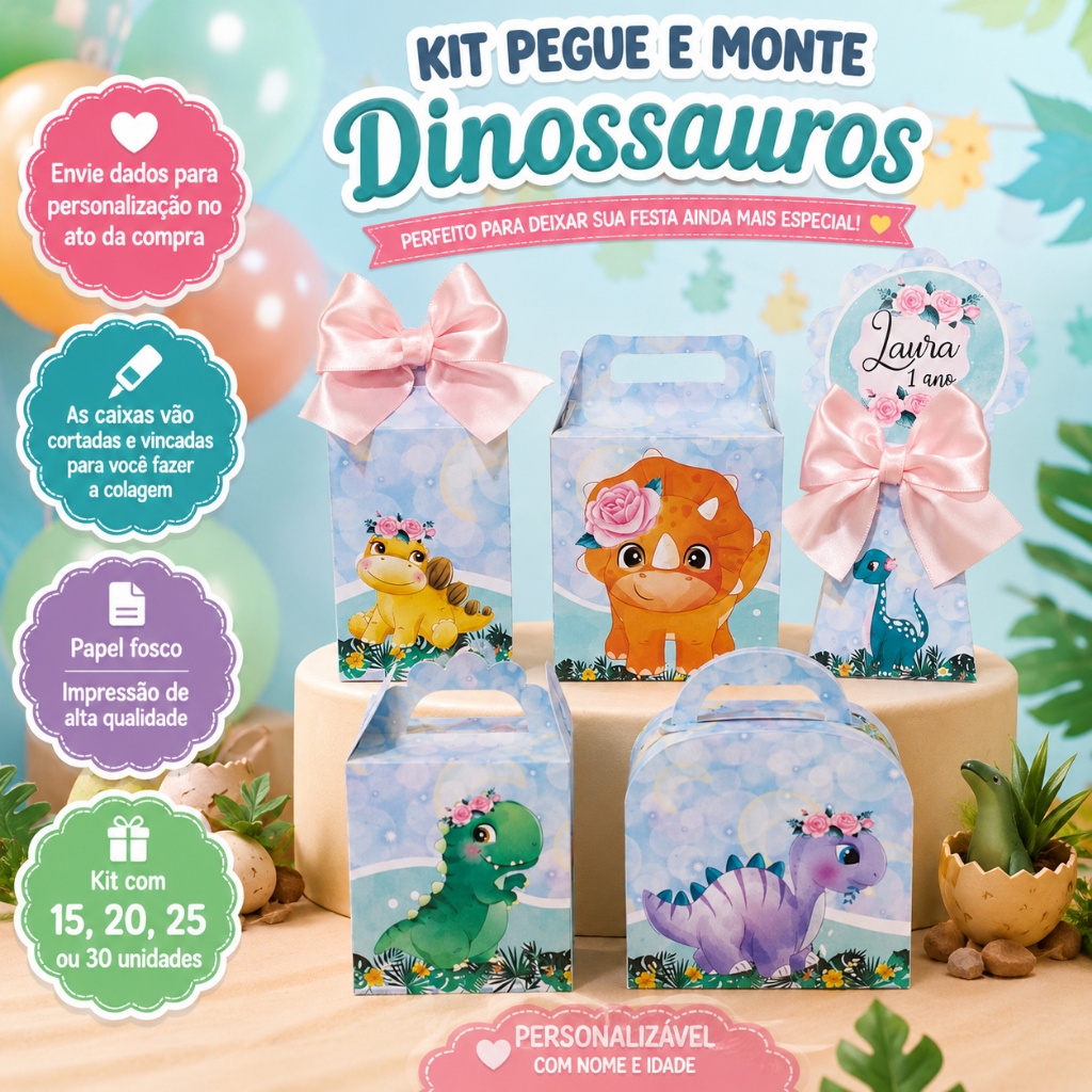 KIT LEMBRANCINHAS DINOSSAURO FOFO MENINA PERSONALIZADAS PEGUE E MONTE CAIXINHA FESTA INFANTIL