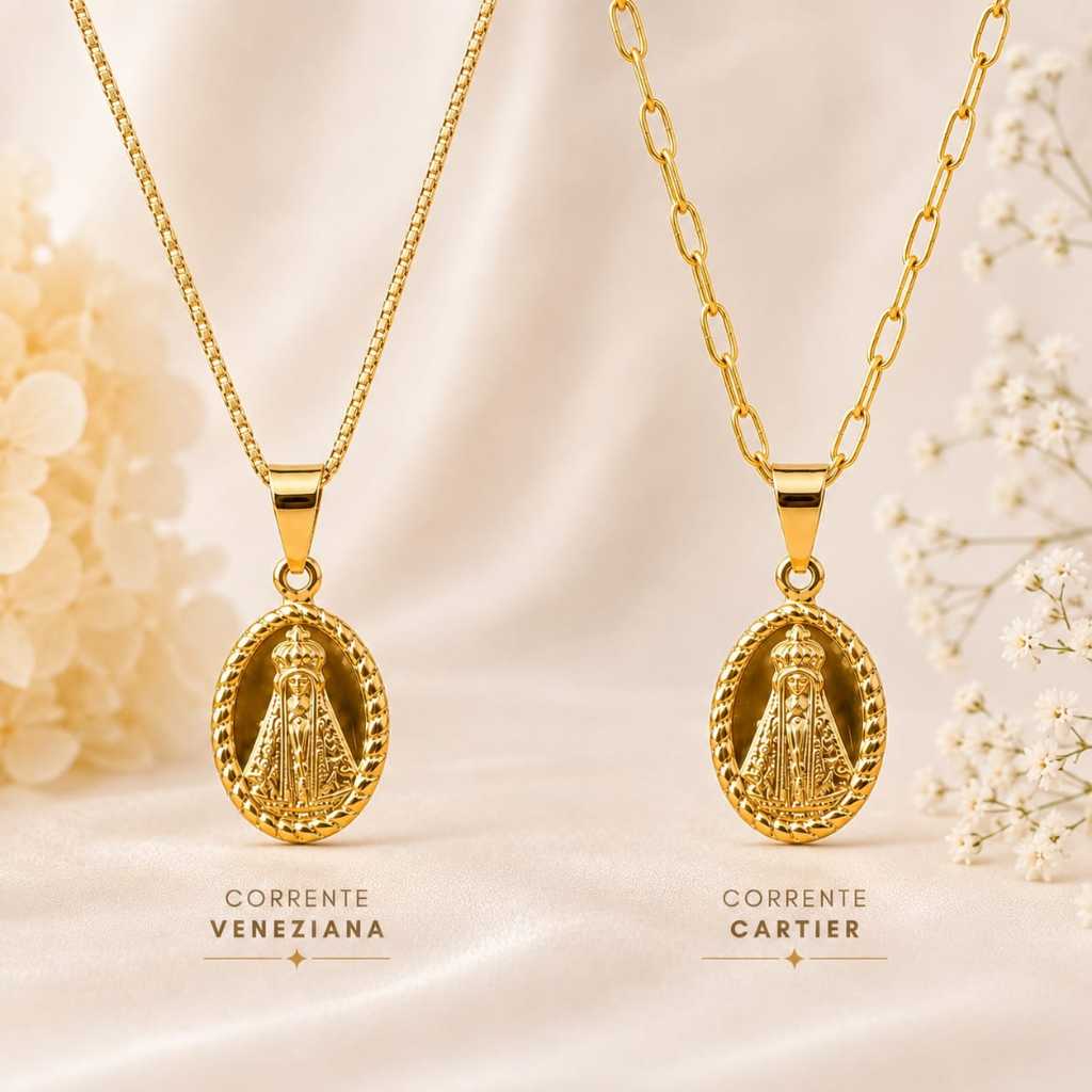 Colar Corrente Pingente Infantil Juvenil Presente Nossa Senhora Aparecida Folheado a Ouro 18k Antialérgicos