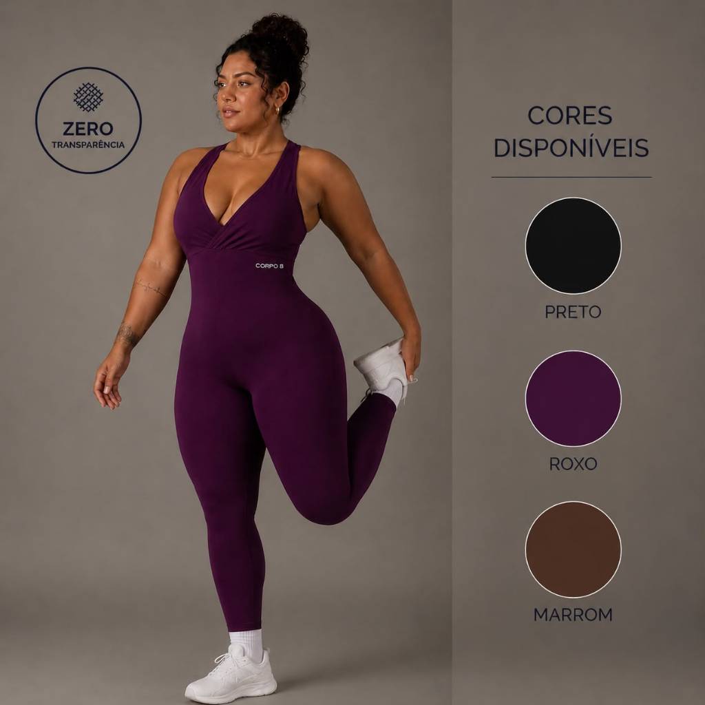 Macacão Longo fitness feminino de academia zero transparência com bojo removível que modelo o corpo no slim e plus size