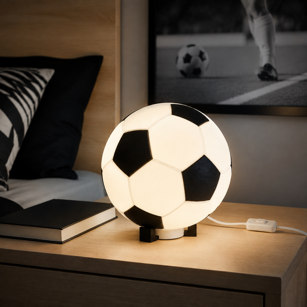 Luminária decorativa noturna em formato de bola de futebol com soquete LED e bivolt.