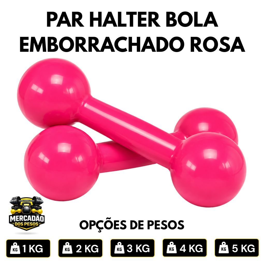 Par Halter Bola 1 a 5 kg Emborrachado Rosa Peso - Crossfit, Musculação em casa, Pilates
