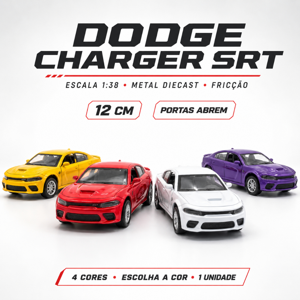 Miniatura Dodge Charge SRT Carrinho de Ferro 12cm Coleção 1/38 - Fricção, Abre as portas
