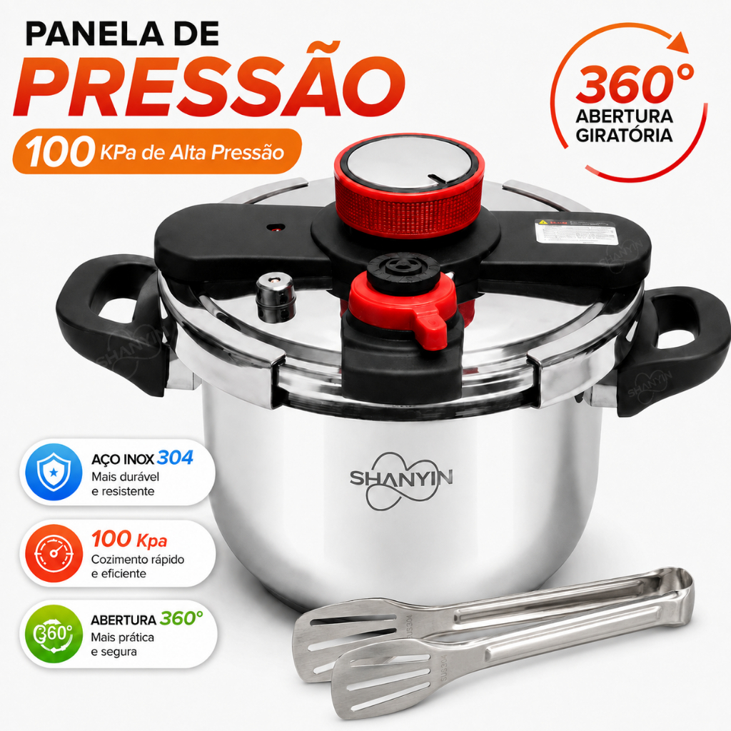 Imagem Panela de Pressão Inox 304 6 e 10 Litros 100kPa Cozinha Rápida para Indução e Gás com Pinça para alimentos Inox