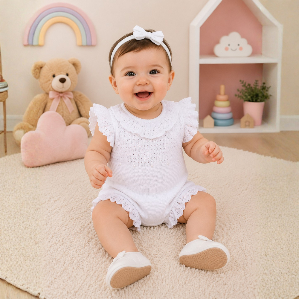 Romper Macacão Tricô Verão com Pérolas Jardineira Body Bebê