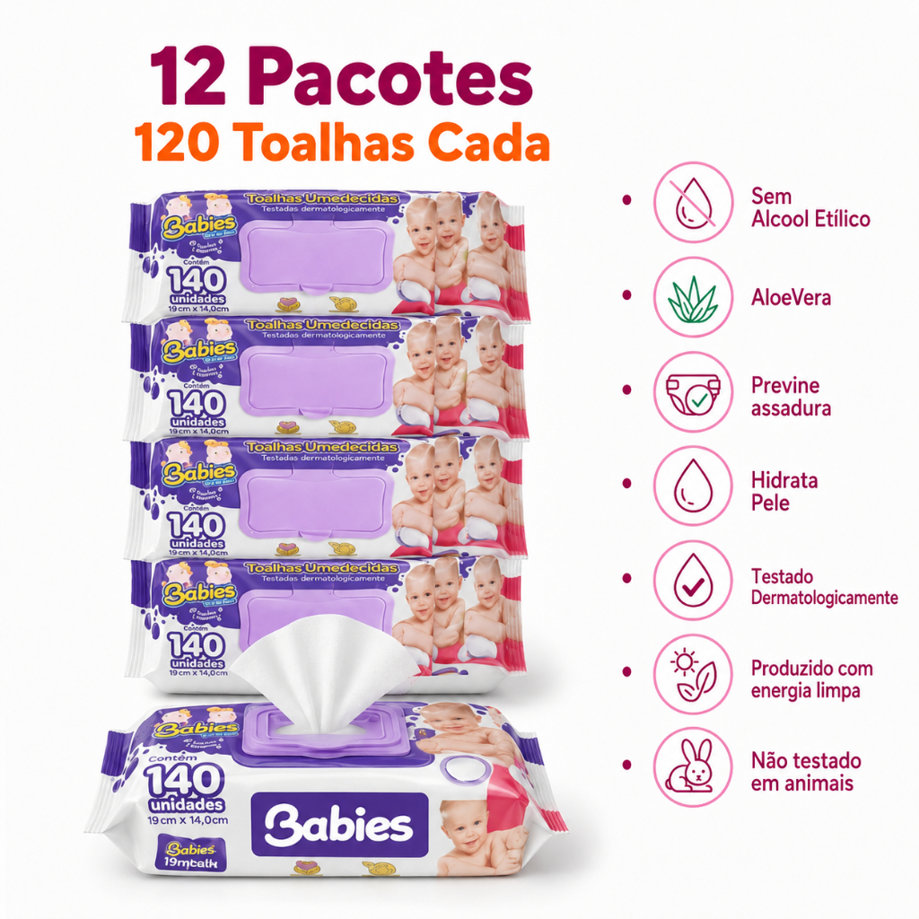 Lenços Toalhas umedecidas Babies Caixa com 12, 6, 3 Pacotes 140 unidades
