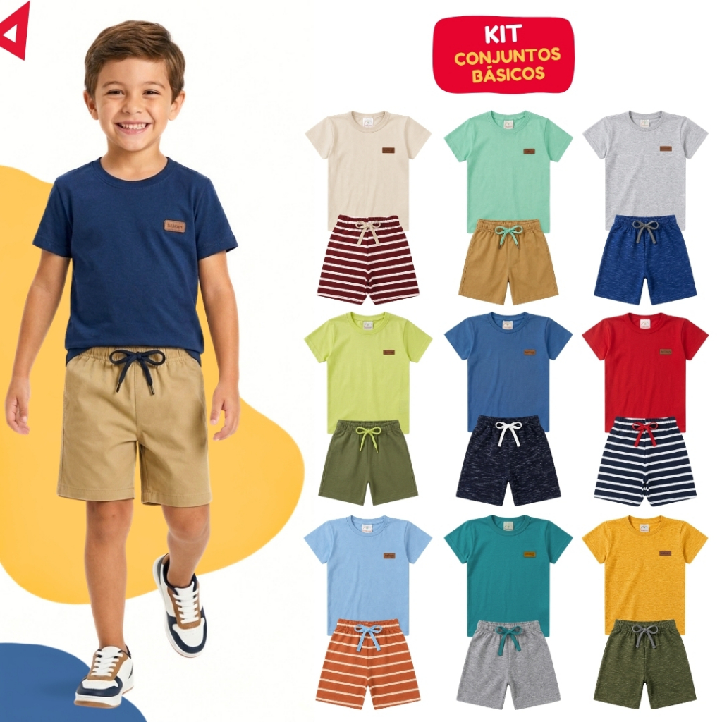 Kit 6 Peças Roupa Básica Infantil Menino Conjunto Verão Liso Algodão 3 Camisetas + 3 Bermudas - Tamanho 1 ao 14