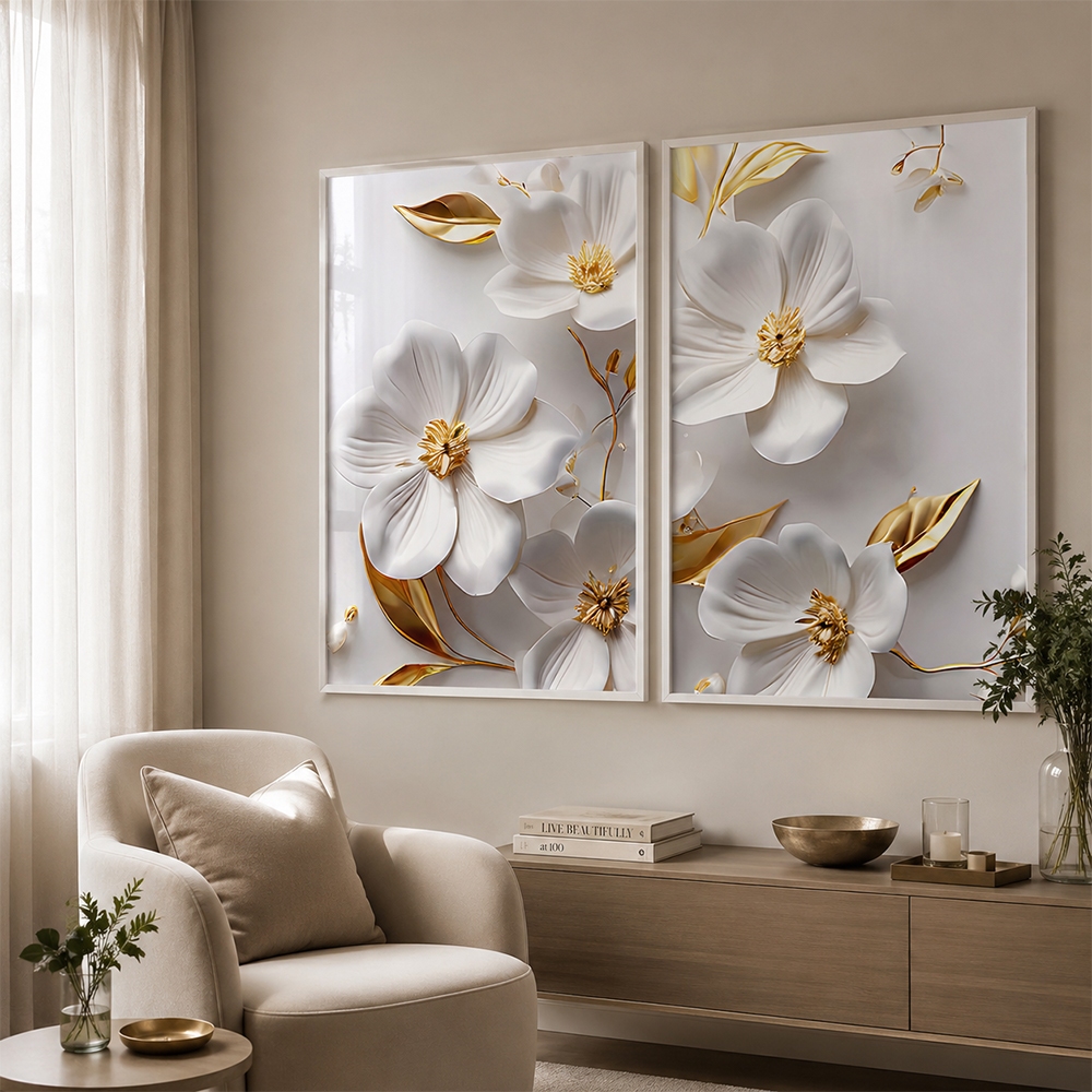 Quadro Decorativo Harmonia Flores Brancas 2 Telas 50x75cm Com Vidro e Moldura Branca Sala Quarto