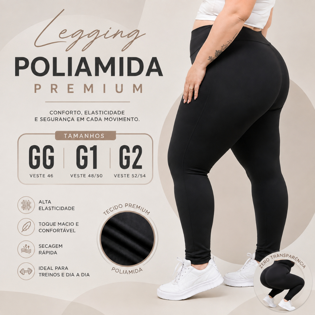 Legging Plus Size Poliamida Cintura Alta Academia Feminina G1G2 Zero Transparência