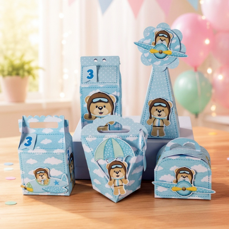 Kit Personalizados Apliques 3D Coloque Menino ou  Menina Tema Ursinho Aviador Azul Papelaria Caixinhas