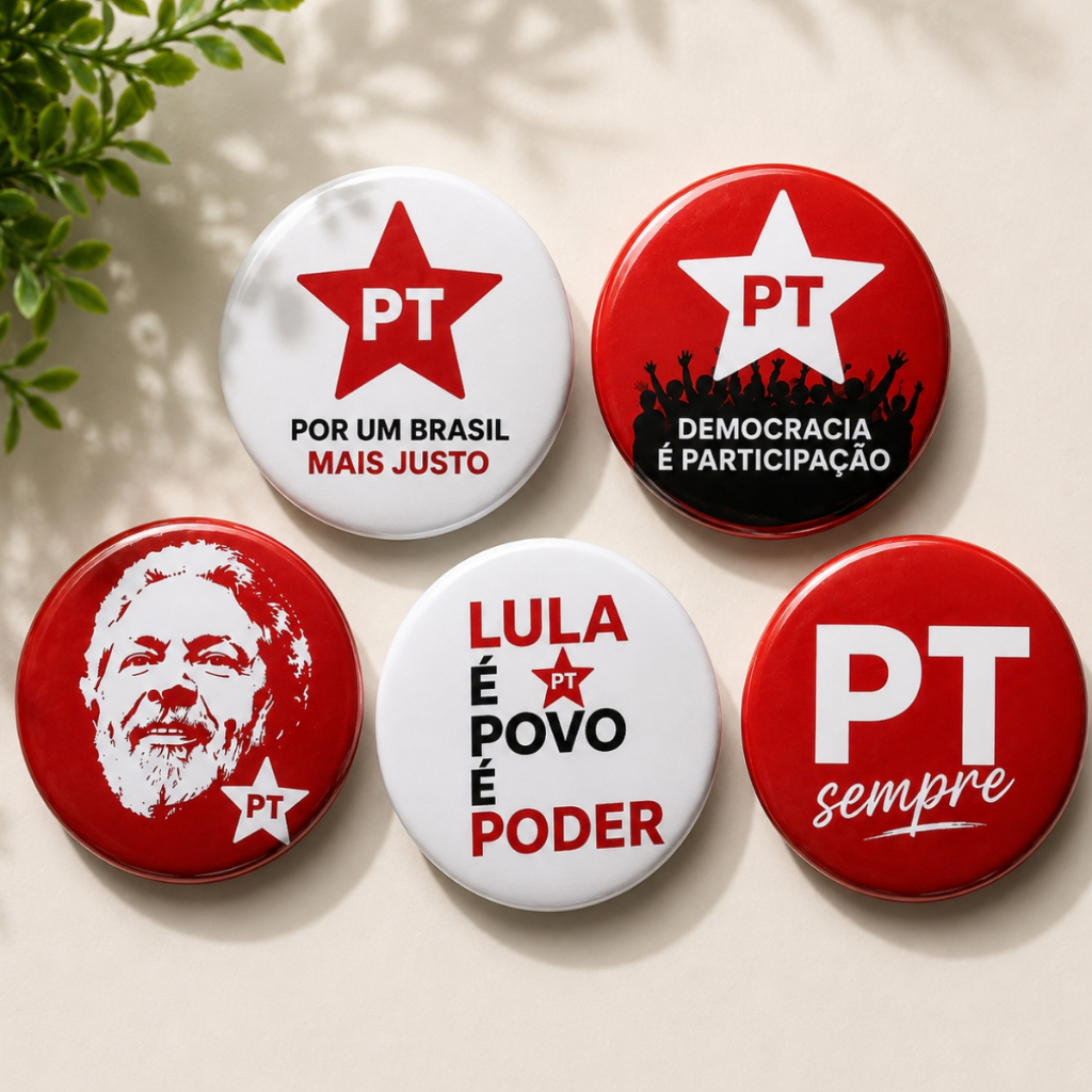 Kit 5 Botton Personalizado PT Pin Broche Lula com Alfinete