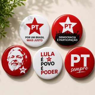 Kit 5 Botton Personalizado PT Pin Broche Lula com Alfinete