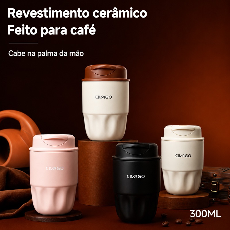 CIVAGO Copo Térmico 300ml Aço Inox 304 Portátil Para Café Revestimento Cerâmico 