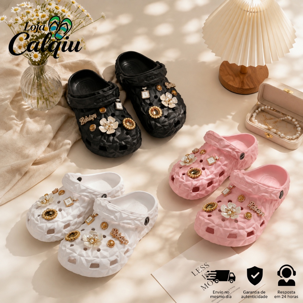 Kit Babuche Feminina com Pingentes Design 3D Confortável Antiderrapante Praia