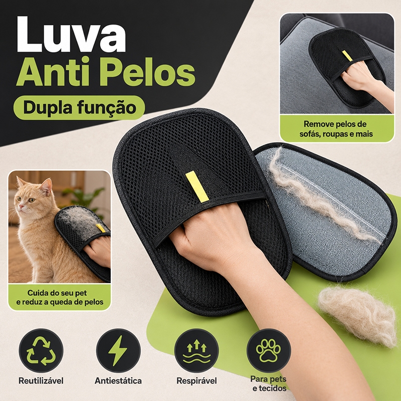 Luva Removedora de Pelos Pet Reutilizável para Sofá Roupas Cama Cachorro Gato