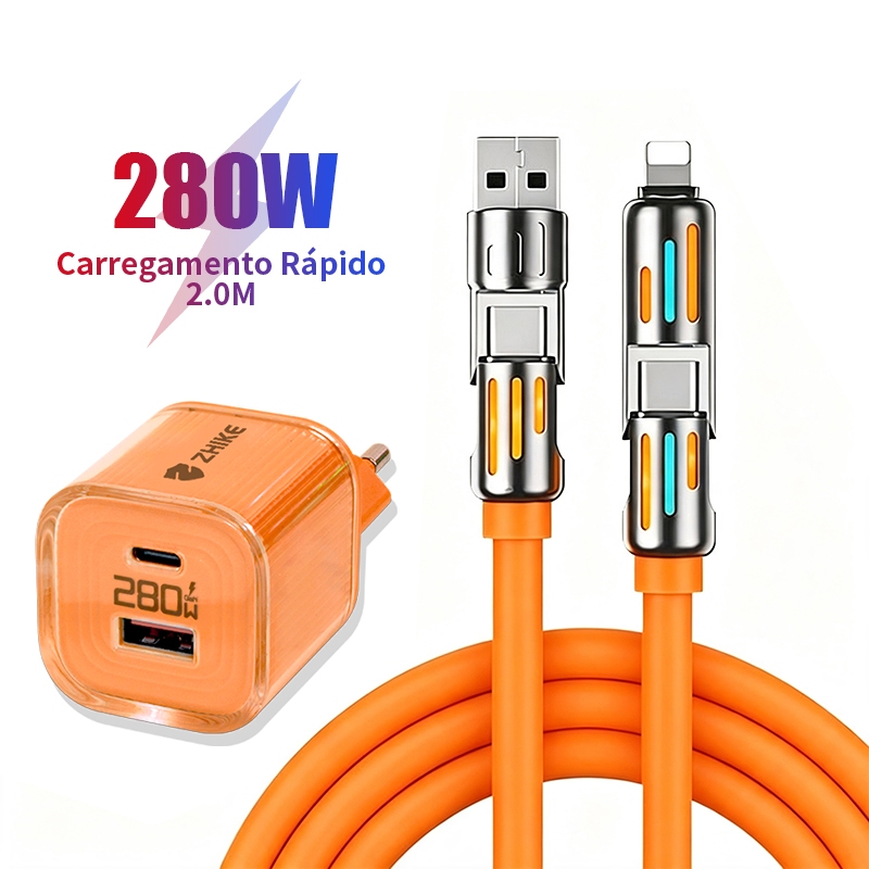Cabo Celular Carregador Carregamento Rápido Redondo 4 em 1 USB Tipo C iP 2.0M Silicone Com Adaptador GaN