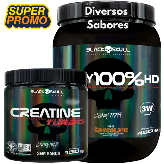 Kit Whey Protein 100%HD 450g + Creatina turbo 150g Black Skull - Força, Ganho de Massa, Recuperação