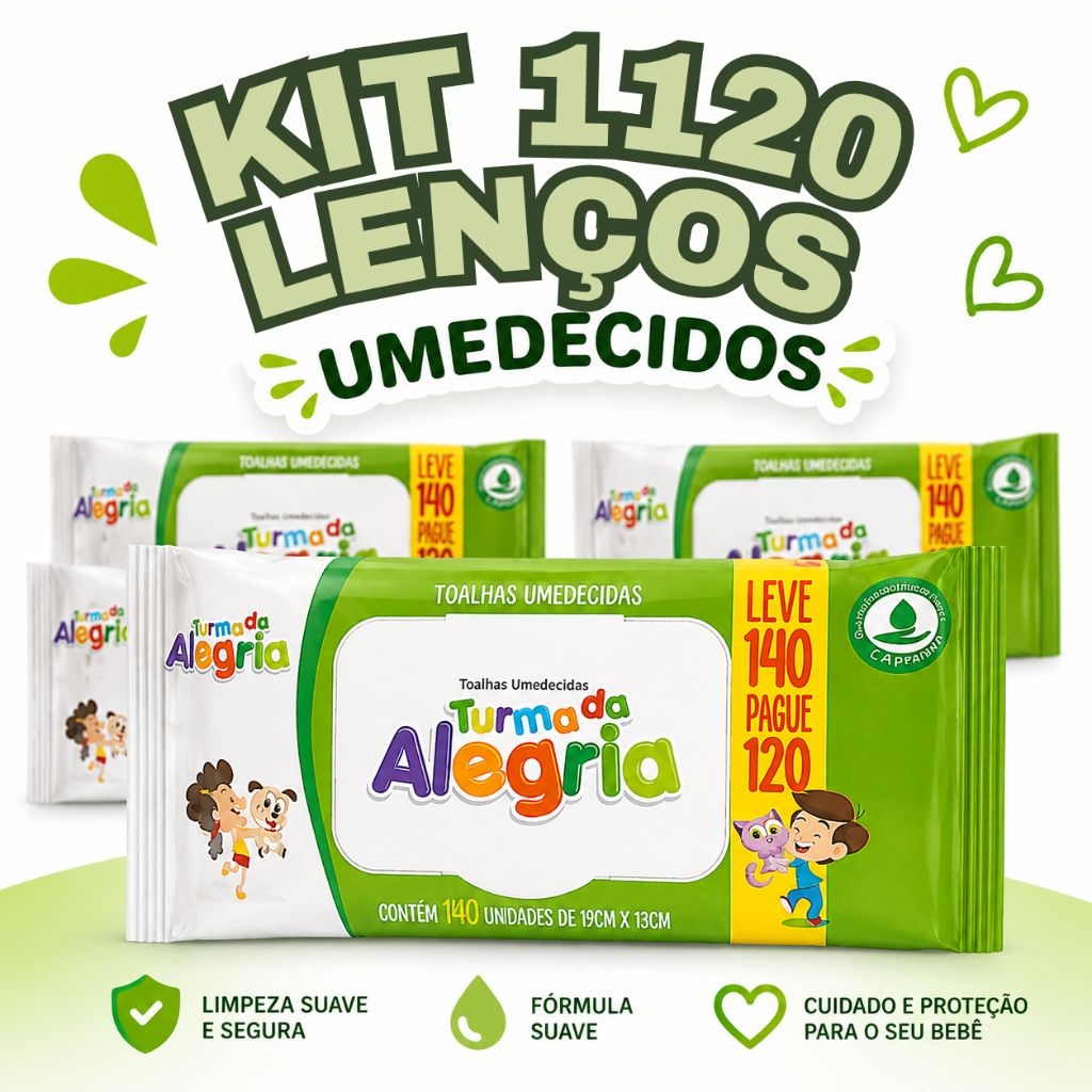 Kit 1120 Folhas Lenços Umedecido Turma da Alegria c/ 8 Pacotes Toalha Umedecida Bebê Higiene Infantil