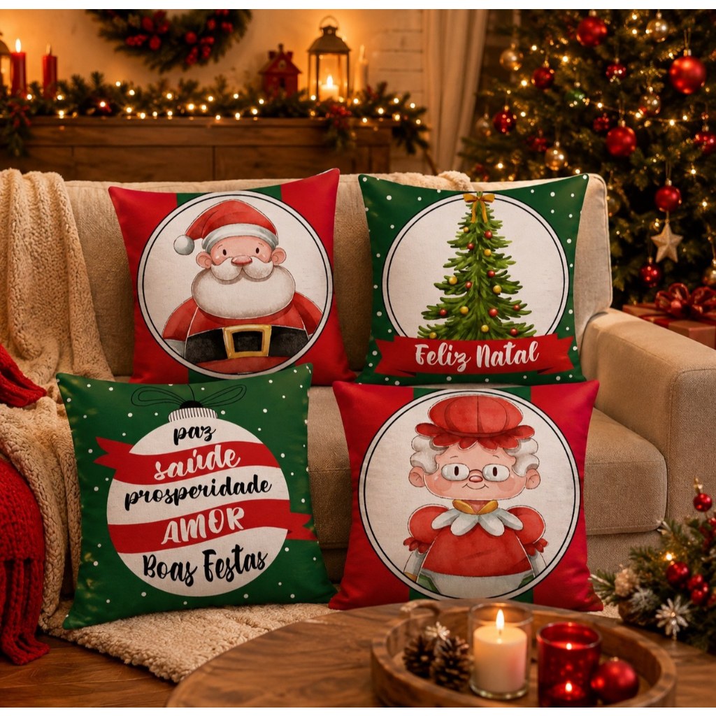 Kit c/ 4 Capas De Almofada Decorativas Natal 42x42 - Natal Vovozinha