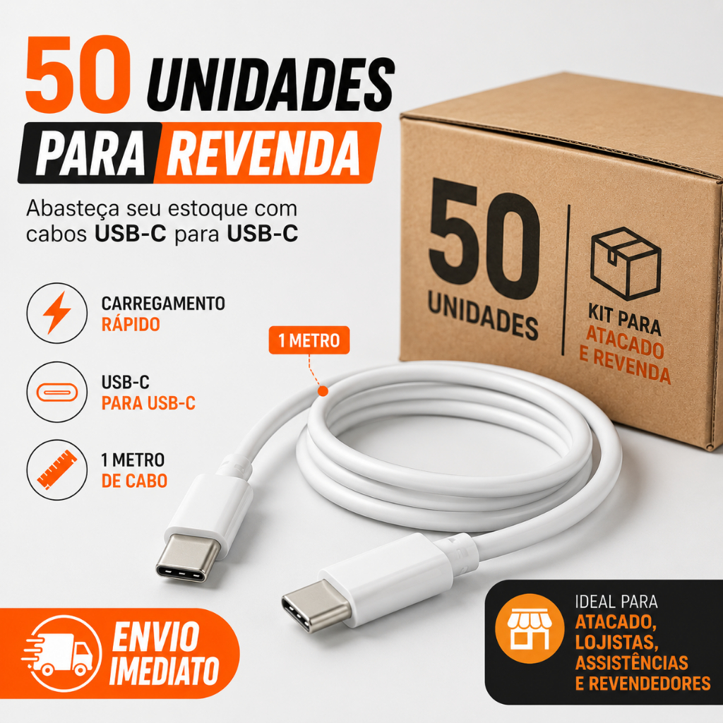 Cabo Tipo C Tipo C Kit 50 Unidades Atacado Revenda USB-C Lote Loja Celular Assistência Técnica