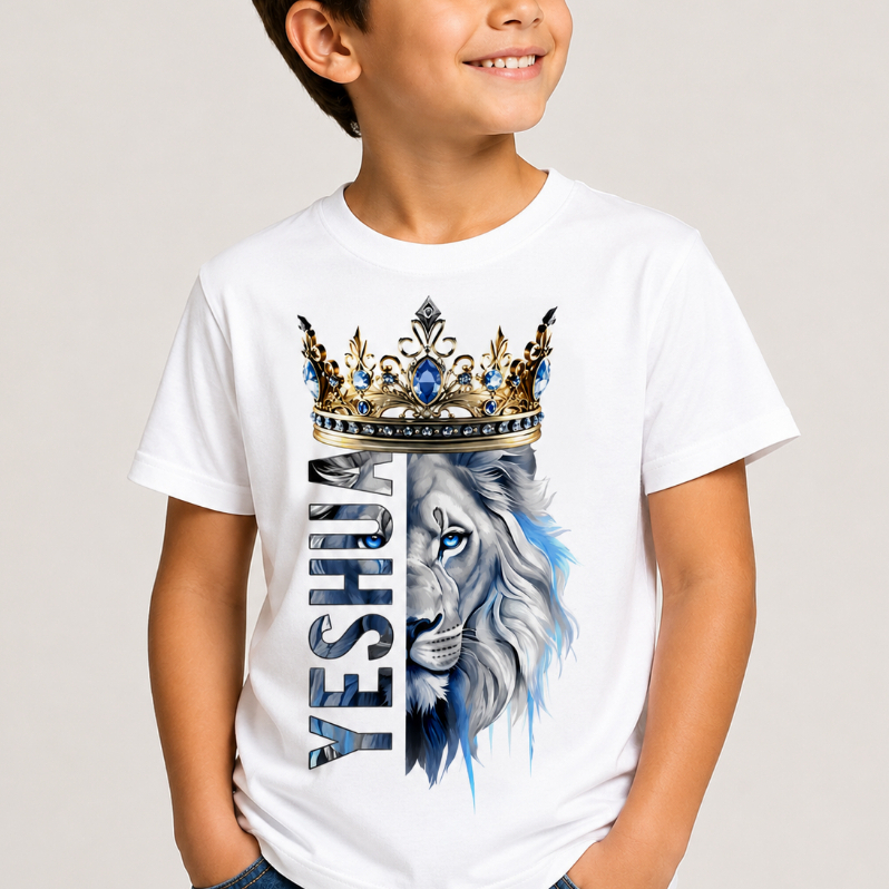 Camiseta Infantil 100% Algodão Yeshua Blusa Manga curta Estampada Jesus Religiosa Leão Judá Gospel