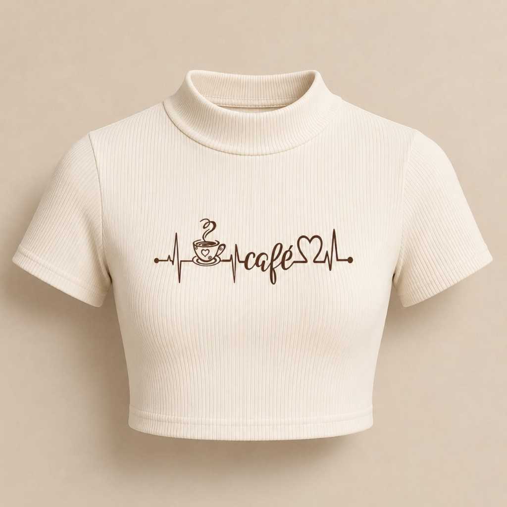 Cropped Canelado Premium Blusinha Feminina Manga Curta Estampada Algodão Moda Casual Elegante