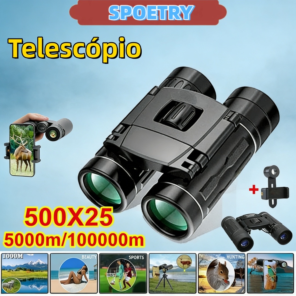 Binóculos Portáteis Com Zoom HD 500X25 Telescópio Poderoso Dobrável Com Visão De Longa Distância Para Caça Ao Ar Livre