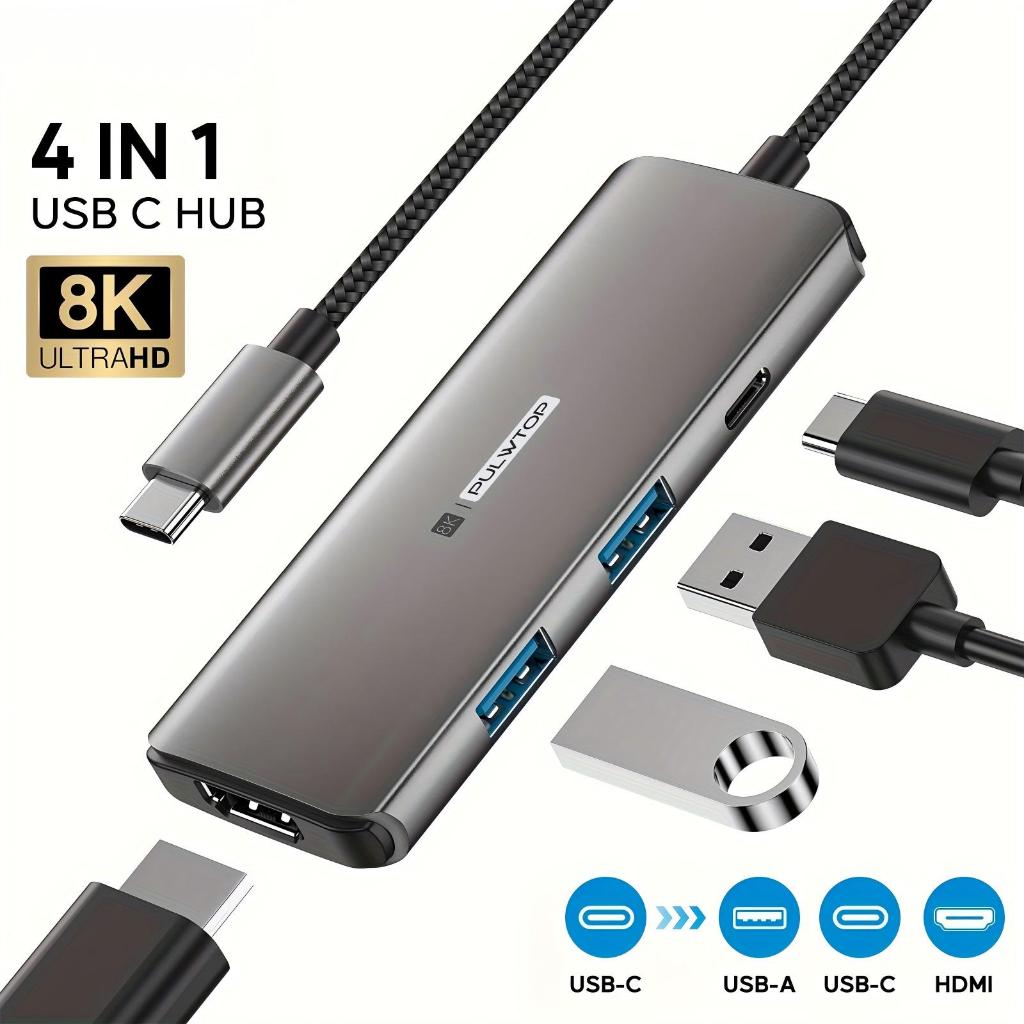 Adaptador multiporta PULWTOP USB-C Hub com HDMI (8K@40Hz/4K@120Hz), 2*USBA 5 Gbps e 1 *USB-C 5 Gbps para MacBook Air/Pro