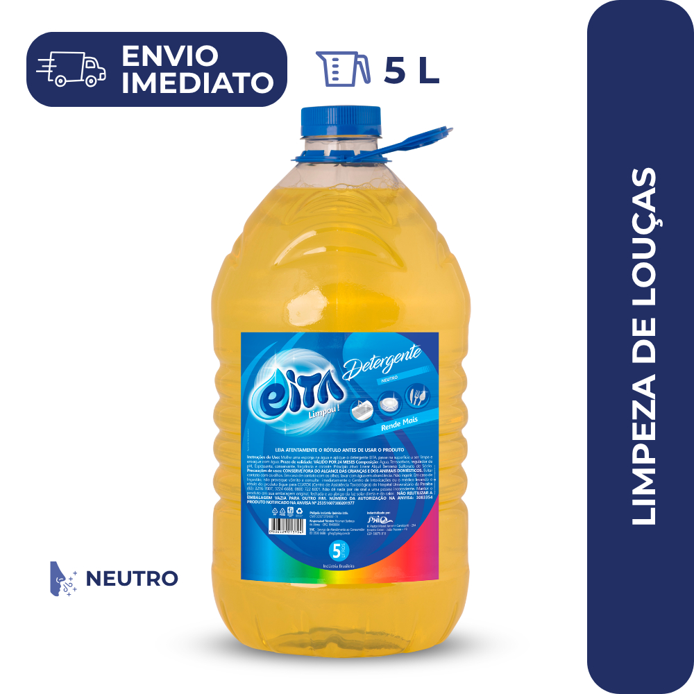 Detergente Neutro EITA 5L Lava Louças Desengordurante Cozinha Alto Rendimento